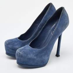 Pre Owned Yves Saint Laurent Blue Suede Tribtoo Platform Pumps Size 36.5