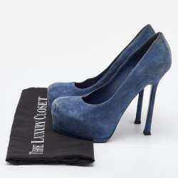 Pre Owned Yves Saint Laurent Blue Suede Tribtoo Platform Pumps Size 36.5