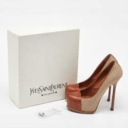 Yves Saint Laurent Beige/Brown Jute and Leather Tribtoo Platform Pumps Size 38.5
