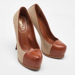 Yves Saint Laurent Beige/Brown Jute and Leather Tribtoo Platform Pumps Size 38.5