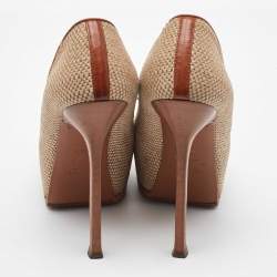 Yves Saint Laurent Beige/Brown Jute and Leather Tribtoo Platform Pumps Size 38.5