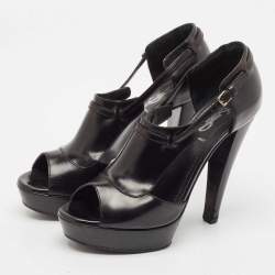 Yves Saint Laurent Black Leather T-Strap Platform Sandals Size 36