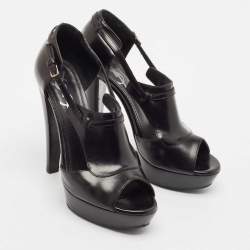 Yves Saint Laurent Black Leather T-Strap Platform Sandals Size 36