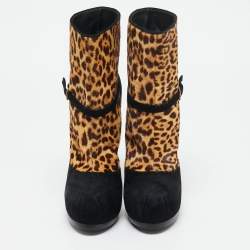 Yves Saint Laurent Black/Brown Calf Hair and Suede Ankle Length Boots Size 38.5