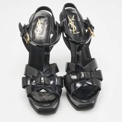 Pre Owned Yves Saint Laurent Black Patent Leather Tribute Sandals Size 38