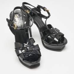 Pre Owned Yves Saint Laurent Black Patent Leather Tribute Sandals Size 38