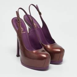 Yves Saint Laurent Brown Leather Tribtoo Slingback Platform Pumps Size 37