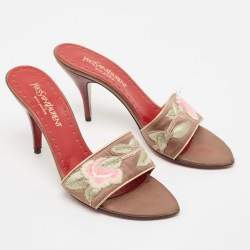 Yves Saint Laurent Grey Satin Flower Slide Sandals Size 37.5