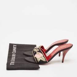 Yves Saint Laurent Black Leather and Satin Flower Embroidered Slide Sandals Size 37.5