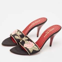 Yves Saint Laurent Black Leather and Satin Flower Embroidered Slide Sandals Size 37.5