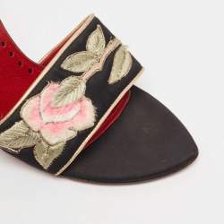 Yves Saint Laurent Black Leather and Satin Flower Embroidered Slide Sandals Size 37.5