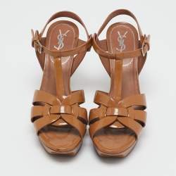 مملوكة مسبقًا Yves Saint Laurent Brown Patent Leather Tribute Platform Sandals Size 38.5