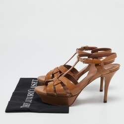 مملوكة مسبقًا Yves Saint Laurent Brown Patent Leather Tribute Platform Sandals Size 38.5