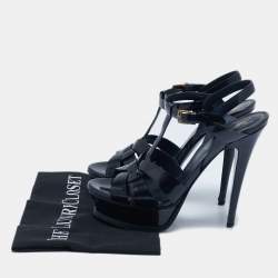 Yves Saint Laurent Navy Blue  Patent Leather Tribute Platform Sandals Size 38.5