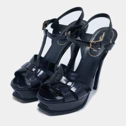 Yves Saint Laurent Navy Blue  Patent Leather Tribute Platform Sandals Size 38.5