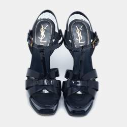 Yves Saint Laurent Navy Blue  Patent Leather Tribute Platform Sandals Size 38.5