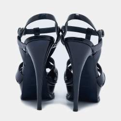 Yves Saint Laurent Navy Blue  Patent Leather Tribute Platform Sandals Size 38.5