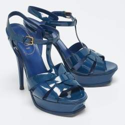 Yves Saint Laurent Blue Patent Leather Tribute Platform Sandals Size 39