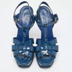 Yves Saint Laurent Blue Patent Leather Tribute Platform Sandals Size 39