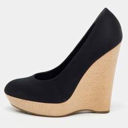 Yves Saint Laurent Black Satin Maryna Platform Wedge Pumps Size 38