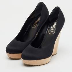 Yves Saint Laurent Black Satin Maryna Platform Wedge Pumps Size 38
