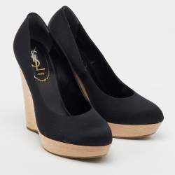 Yves Saint Laurent Black Satin Maryna Platform Wedge Pumps Size 38
