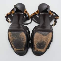 Yves Saint Laurent Brown/Beige Calf Hair and Leather Tribute Ankle Strap Sandals Size 37