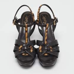 Yves Saint Laurent Brown/Beige Calf Hair and Leather Tribute Ankle Strap Sandals Size 37