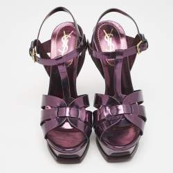 Pre Owned صندل إيف سان لوران تريبوت جلد بنفسجي ميتاليك نعل سميك مقاس 37
