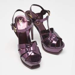 Pre Owned صندل إيف سان لوران تريبوت جلد بنفسجي ميتاليك نعل سميك مقاس 37