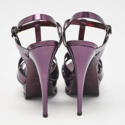 Pre Owned صندل إيف سان لوران تريبوت جلد بنفسجي ميتاليك نعل سم يك مقاس 37
