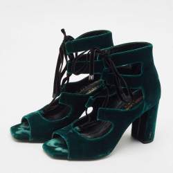 Saint Laurent Dark Green Velvet Loulou Open Toe Lace Up Block Heel Pumps Size 37.5