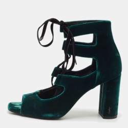 Saint Laurent Dark Green Velvet Loulou Open Toe Lace Up Block Heel Pumps Size 37.5