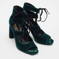 Saint Laurent Dark Green Velvet Loulou Open Toe Lace Up Block Heel Pumps Size 37.5