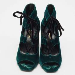 Saint Laurent Dark Green Velvet Loulou Open Toe Lace Up Block Heel Pumps Size 37.5