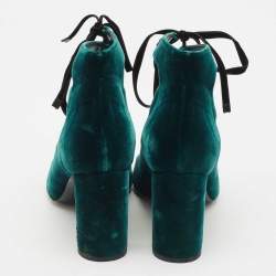Saint Laurent Dark Green Velvet Loulou Open Toe Lace Up Block Heel Pumps Size 37.5