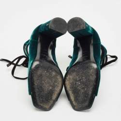 Saint Laurent Dark Green Velvet Loulou Open Toe Lace Up Block Heel Pumps Size 37.5