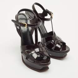 Yves Saint Laurent Burgundy Patent Leather Tribute Platform Sandals Size 38