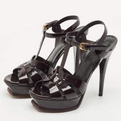 Yves Saint Laurent Burgundy Patent Leather Tribute Platform Sandals Size 38