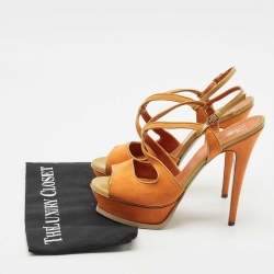 Yves Saint Laurent Orange/Green Suede and Patent Leather Platform Sandals Size 39.5