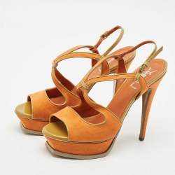 Yves Saint Laurent Orange/Green Suede and Patent Leather Platform Sandals Size 39.5