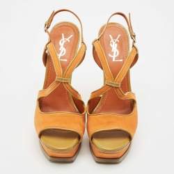 Yves Saint Laurent Orange/Green Suede and Patent Leather Platform Sandals Size 39.5