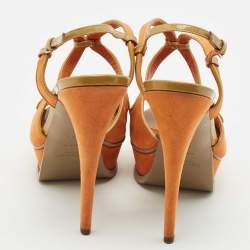 Yves Saint Laurent Orange/Green Suede and Patent Leather Platform Sandals Size 39.5