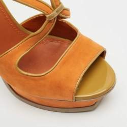 Yves Saint Laurent Orange/Green Suede and Patent Leather Platform Sandals Size 39.5