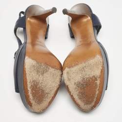 Pre Owned Yves Saint Laurent Navy Blue Leather T Strap Platform Sandals Size 38.5