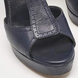 Pre Owned Yves Saint Laurent Navy Blue Leather T Strap Platform Sandals Size 38.5