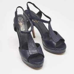 Pre Owned Yves Saint Laurent Navy Blue Leather T Strap Platform Sandals Size 38.5