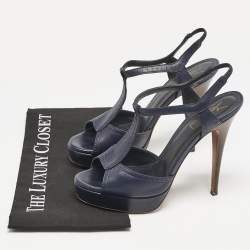 Pre Owned Yves Saint Laurent Navy Blue Leather T Strap Platform Sandals Size 38.5