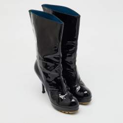Yves Saint Laurent Black Patent Leather Mid Calf Platform Boots Size 39