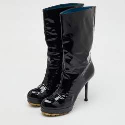 Yves Saint Laurent Black Patent Leather Mid Calf Platform Boots Size 39